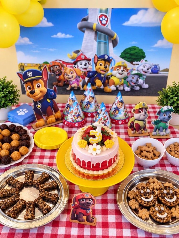 Mesa de bolo e docinhos pet na festa com tema Patrulha Canina