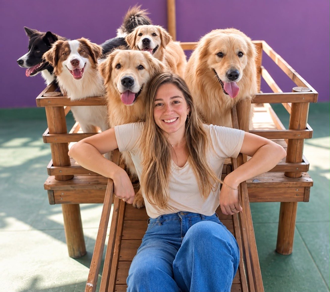 Ana Rosa, idealizadora da Pata Clube, com a turma de cães